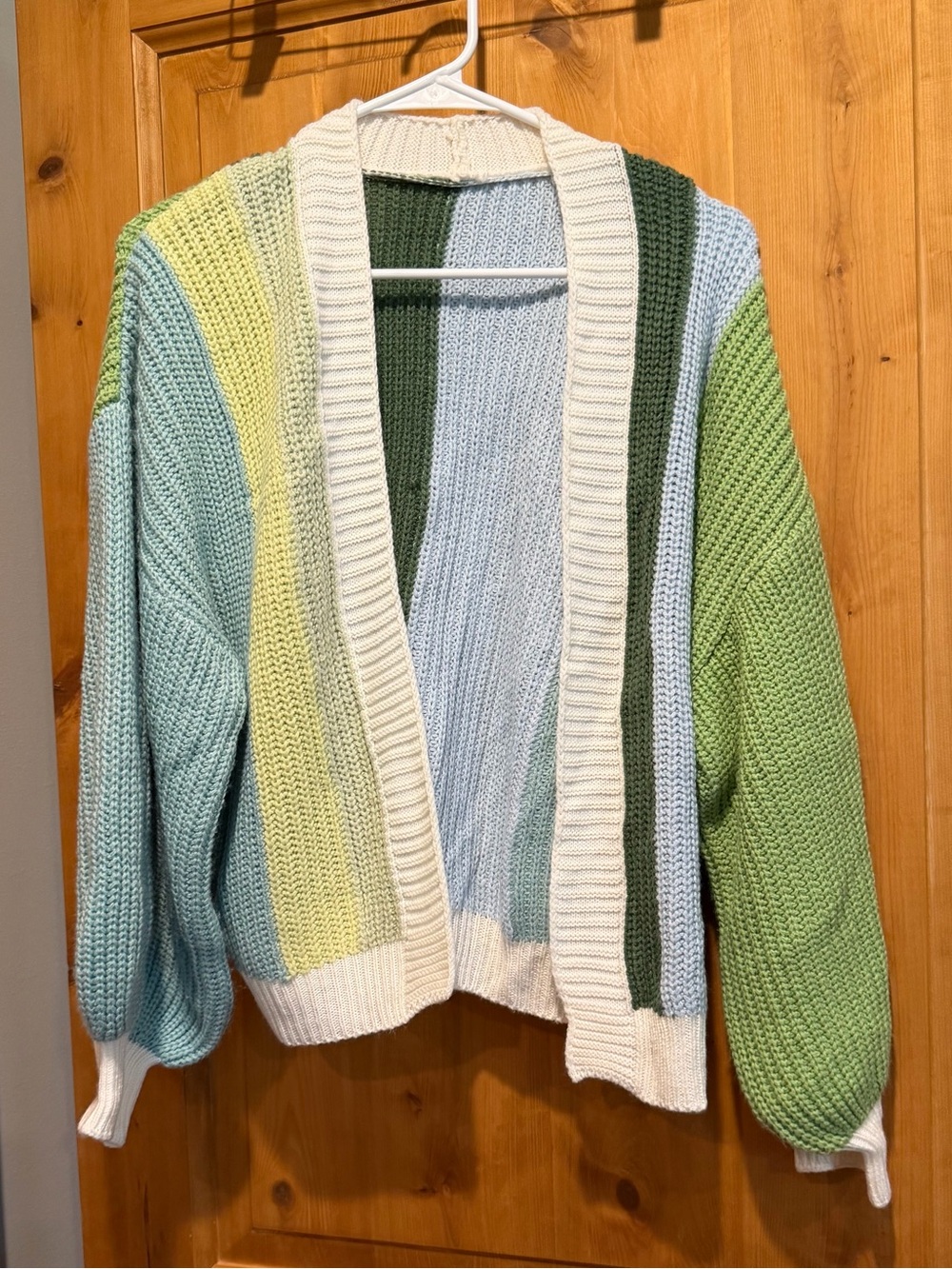 Colorblock Open-Front Cardigan in Green, Light Blue & Cream